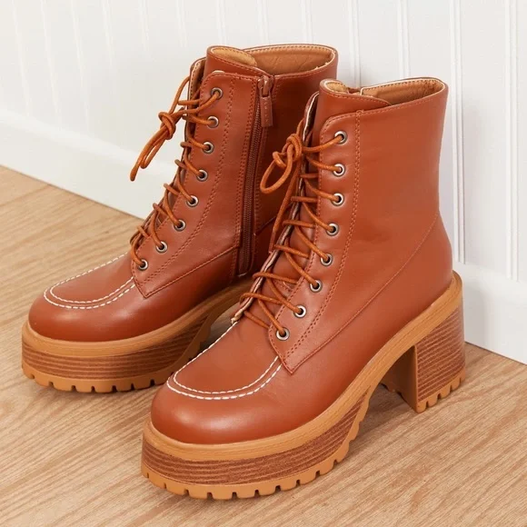 Lace Up Tan Platform Fall Boots - Picture 3 of 9